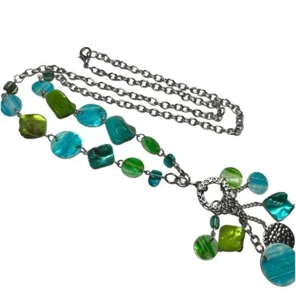 Seaside Bohemian Blue Green Silver Tone Statement Necklace # 246 - Picture 2 of 8